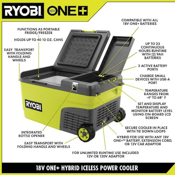 RYOBI ONE+ 18V 24 Qt. Hybrid Battery Powered Iceless Cooler (Tool Only)  Pi1824QBT - The Home Depot