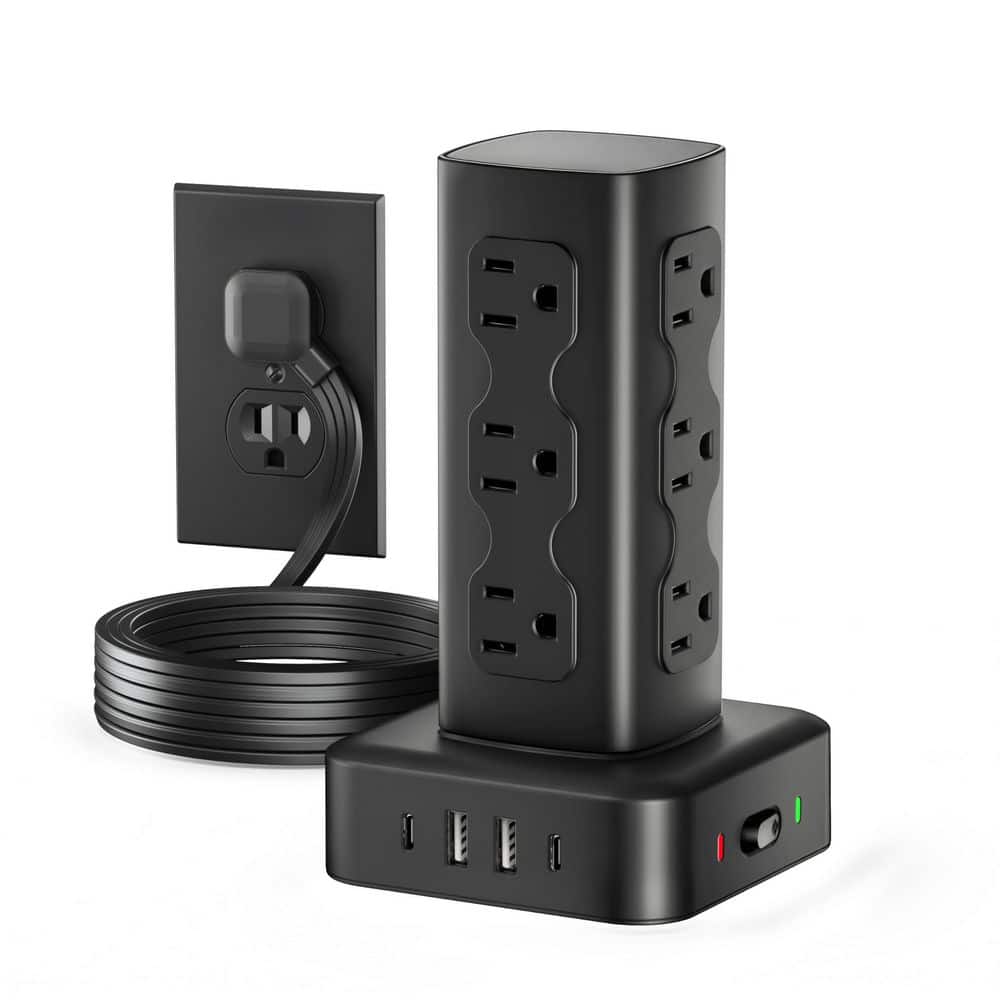 BeamBox Black Power Strip Tower with 12-AC Outlets, 4-USB Ports, 2000J Surge Protection and 6 ft. Extension Cord