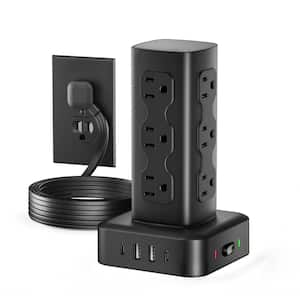 BeamBox Black Power Strip Tower with 12-AC Outlets, 4-USB Ports, 2000J Surge Protection and 6 ft. Extension Cord