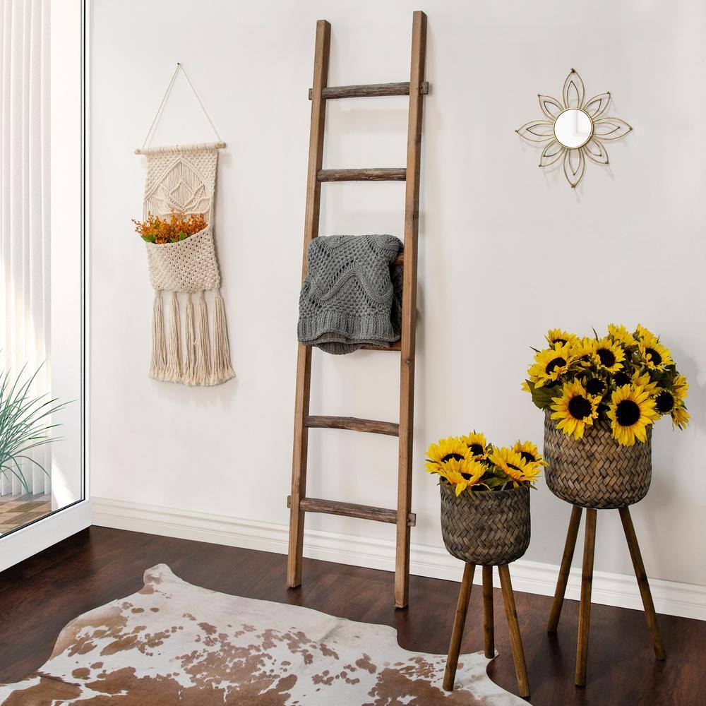 Set of 2 Brown and Black Bamboo Planters with Stands