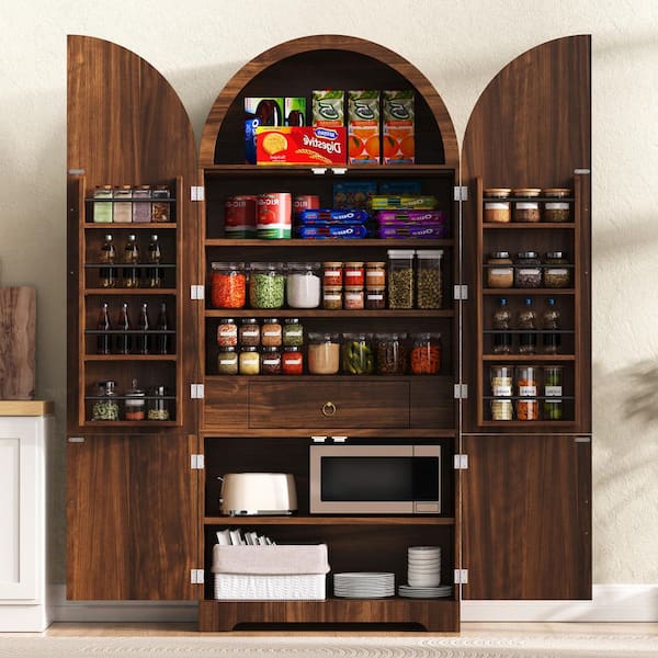 Brown 72 in. H Arched Kitchen Pantry Cabinet with Door Internal Racks, Adjustable Shelves, Fluted Doors, Gold Handles