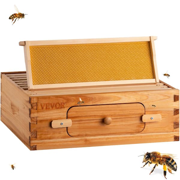 VEVOR Bee Hive 10-Frame Complete Beehive Kit 100% Beeswax Natural Wood Includes 1 Medium Box with 10 Wooden Frames and Waxed