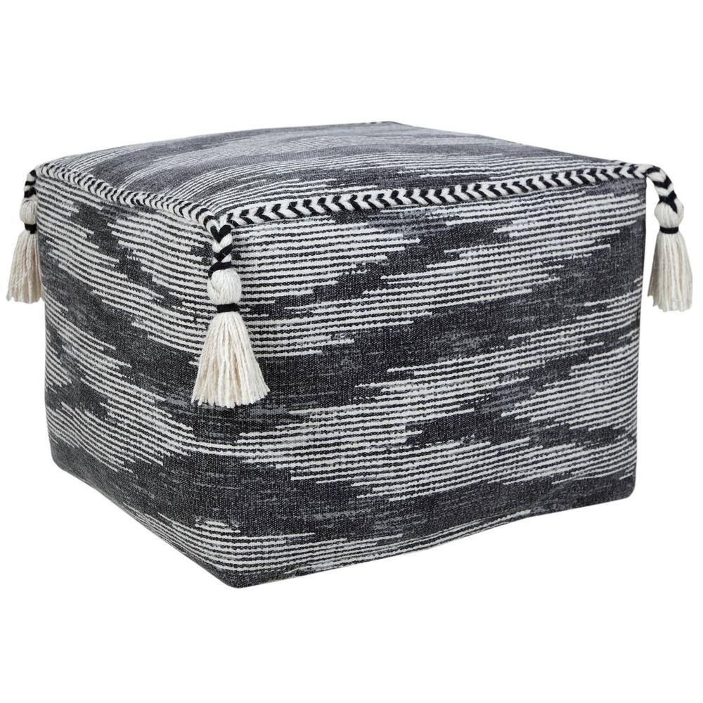 Gray and Ivory Cotton Geometric Pouf with Tassels