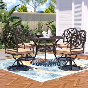 Classic Dark Brown 5-Piece Cast Aluminum Round Outdoor Dining Set with Table and Swivel Dining Chairs khaki Cushion