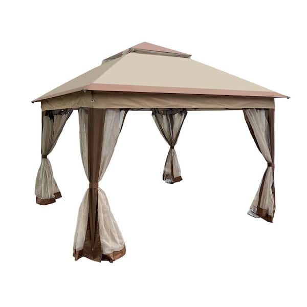 Brown Metal 11 ft. x 11 ft. Pop Up Gazebo Canopy with Removable Zipper Netting, 2-Tier Soft Top for Backyard