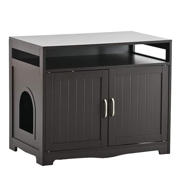 Unbranded 31.5 in. W x 20 in. D x 26 in. H Brown Linen Cabinet Cat Litter Box with 2 Doors and Cat Washroom Storage for Bathroom