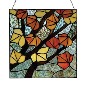 Leaves in Autumn Red, Orange and Yellow Stained Glass Window Panel