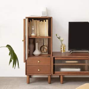 Walnut 100% Solid Pine Wood Storage Cabinet with Vintage Glass Door, 2-Shelves, 2-Drawers and Brass Handle