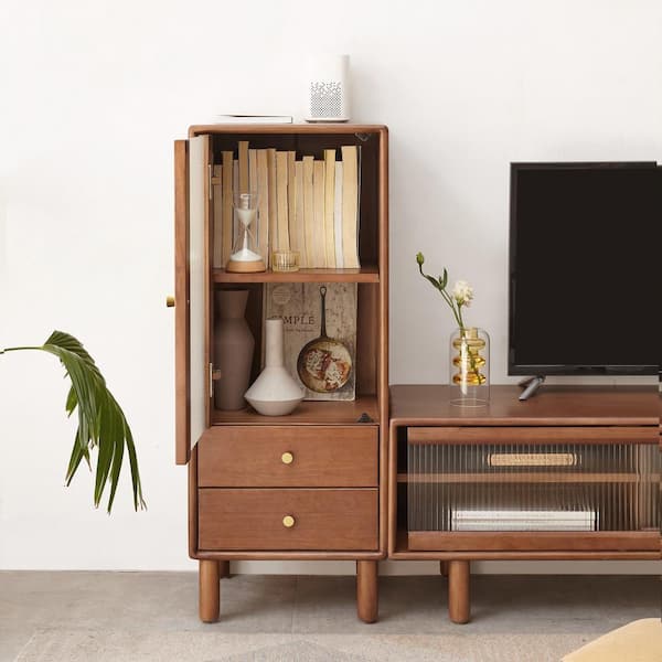 Harper & Bright Designs Walnut 100% Solid Pine Wood Storage Cabinet with Vintage Glass Door, 2-Shelves, 2-Drawers and Brass Handle