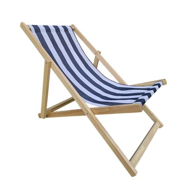 Unbranded Wood Folding Sling Outdoor Chaise Lounge, with Adjustable Back for Travel Poolside Patio Backyard Garden in Dark Blue