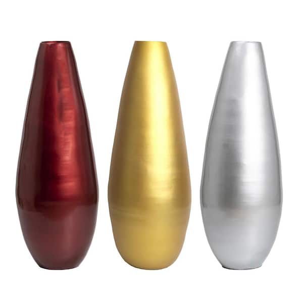 Set of 3 31.5 in. Spun Bamboo Tall Floor Vase-Sleek Elongated Oval Shape, Elegant Home Decoration, Gold, Red and Silver