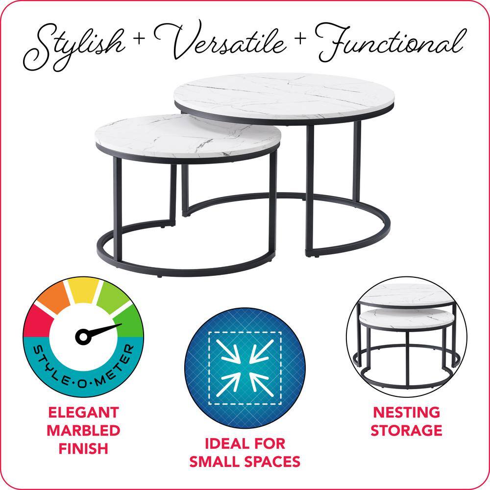 Elegant Round Nesting Coffee Tables with Wood & Marble Finish