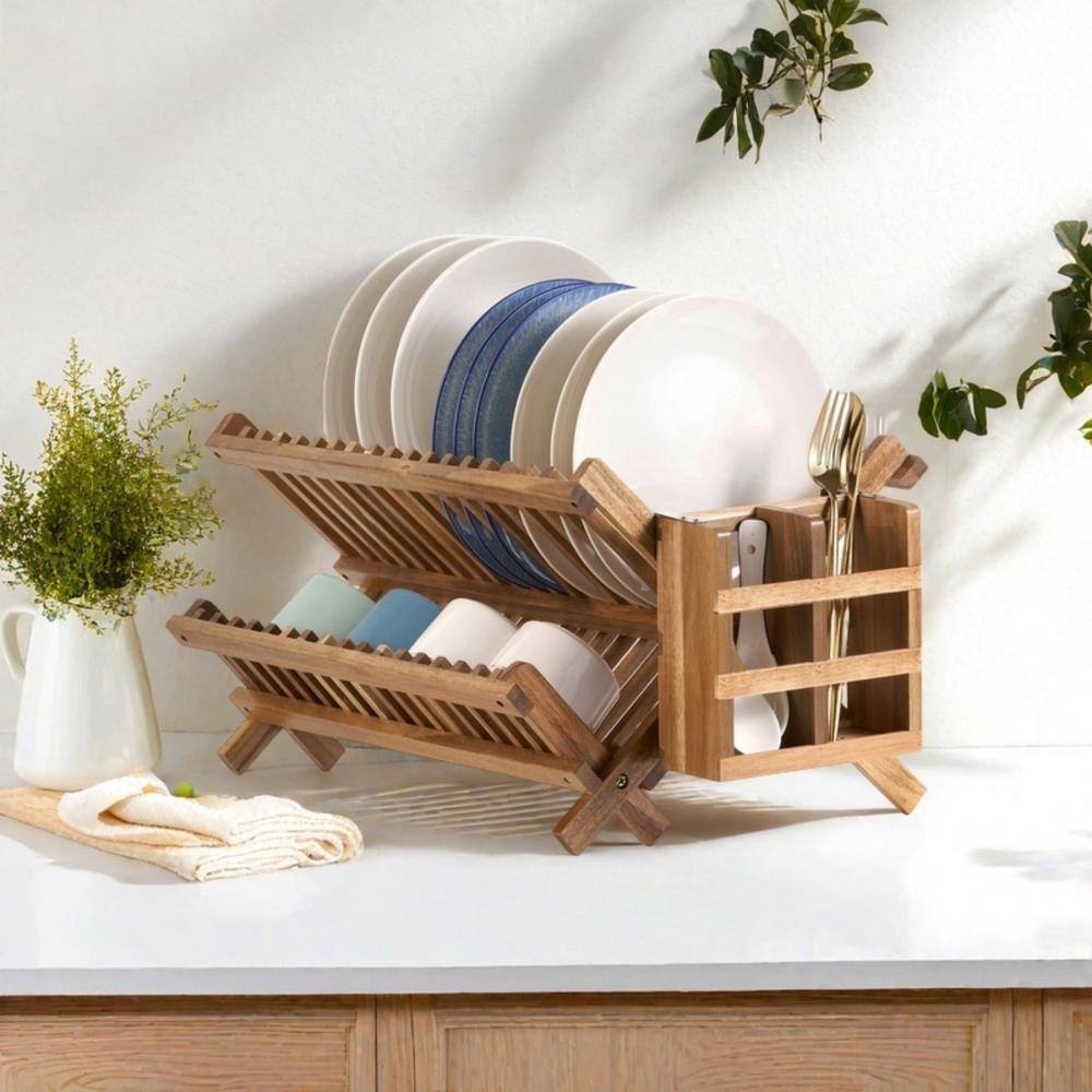Foldable Acacia Wood 2-Tier Dish Rack with Utensil Holder