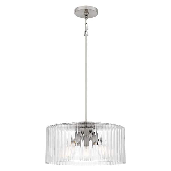 DSI LIGHTING Delphi 3-Light Brushed Nickel Shaded Pendant Light with Clear Ribbed Glass Shade