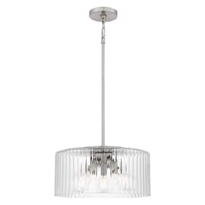 Delphi 3-Light Brushed Nickel Shaded Pendant Light with Clear Ribbed Glass Shade