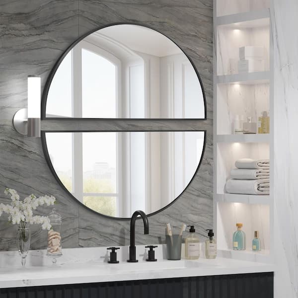 Hochwertiges 20 in. W x 40 in. H Half Circle Black Aluminum Alloy Framed Decorative Wall Mirror (2-Pieces)