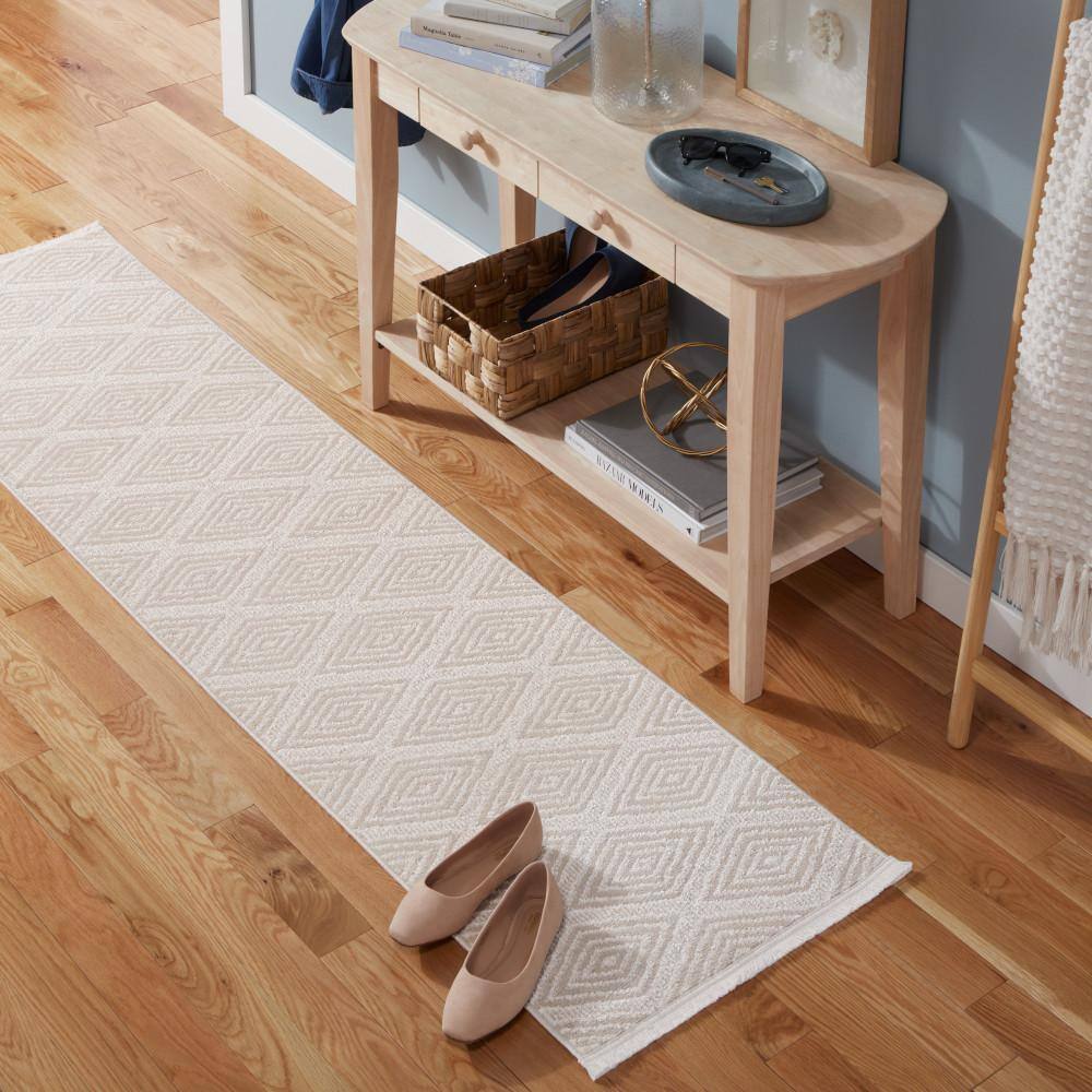 Beige Diamond Pattern Washable Polyester Runner Rug