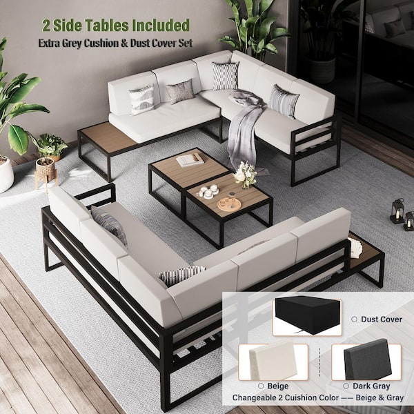 10-Piece Aluminum Patio Conversation Seating Set with Side Table, Coffee Table, Beige Cushions and Sofa Cover