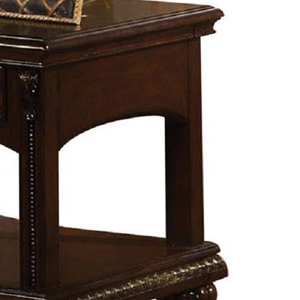 Cherry Brown Wooden End Table with Glass Top and Storage