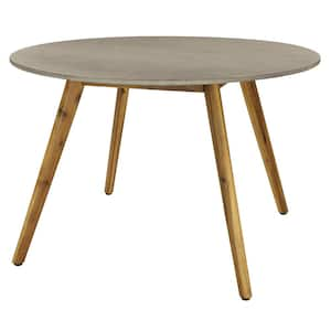 Gray Round Wood Outdoor Dining Table with Concrete Inspired Top and Slender Tapered Legs