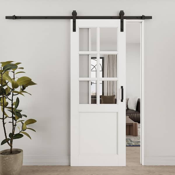 ARK DESIGN 30 in. x 80 in. 6 Lite Tempered Clear Glass White Primed MDF Sliding Barn Door with Hardware Kit