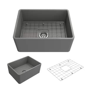 Classico Farmhouse Apron Front Fireclay 24 in. Single Bowl Kitchen Sink with Bottom Grid and Strainer in Matte Gray
