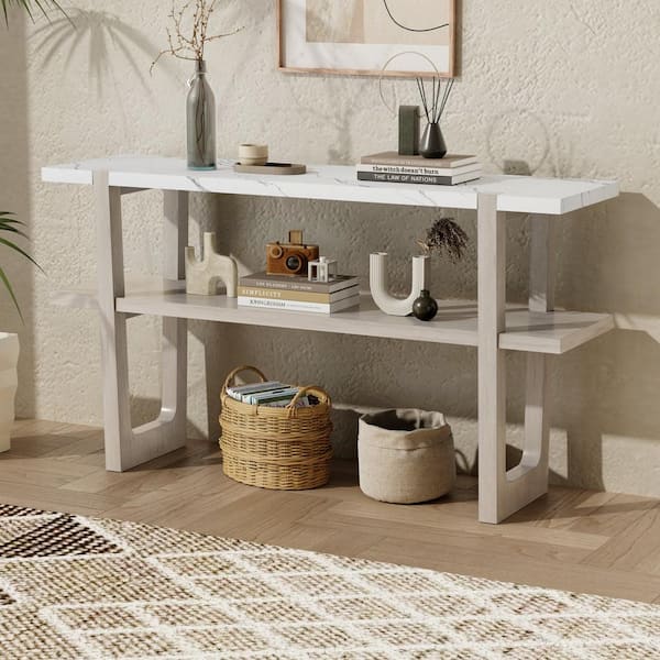 54 in. Gray Wash Rectangle Wood Console Table with Marble-Effect Top and Versatile Storage Solutions