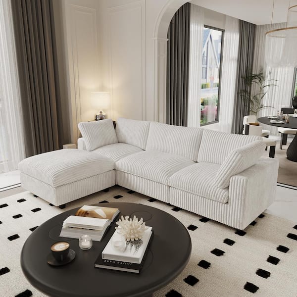 Lawson Cloud Couch 118 in. Square Arm Velvet Solid Wood Modular Convertible Sofa with Ottoman, Washable Covers in. White