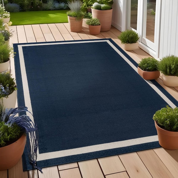 Aura Navy 8 ft. x 10 ft. Rubber Back Washable Modern Bordered Indoor Outdoor Area Rug
