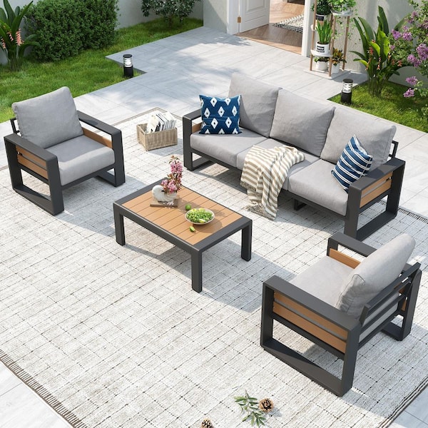 Outdoor 4-Piece Conversation set Aluminum 5-Seat Patio Conversation Set with Coffee Table and Light Gray Cushions