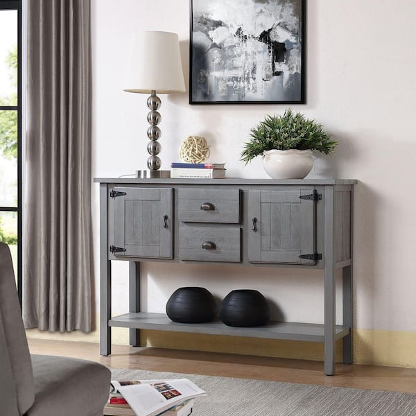 Warren 48 in. Antique Gray Rectangle Wood Console Table with 2 Drawers and Cabinets, Bottom Shelf