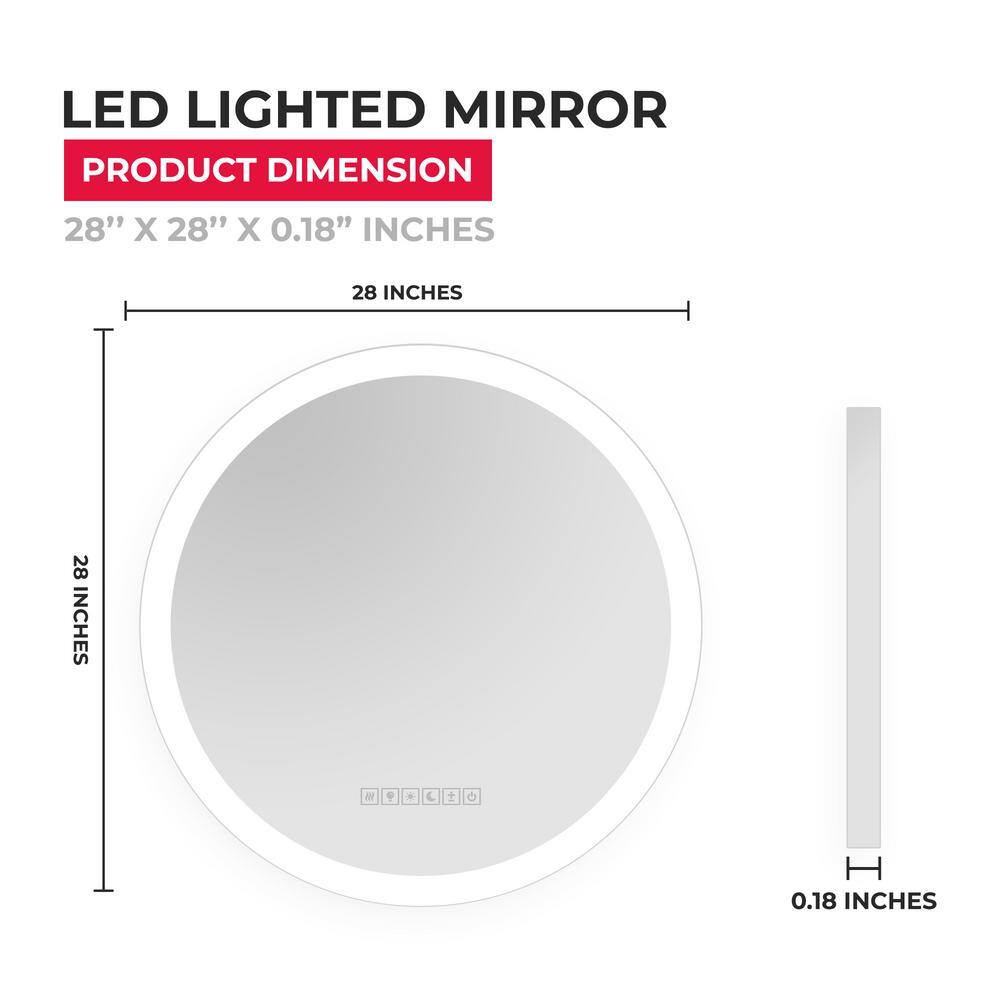 Elegant 28" Round Frameless LED Bathroom Mirror with Touch Sensor