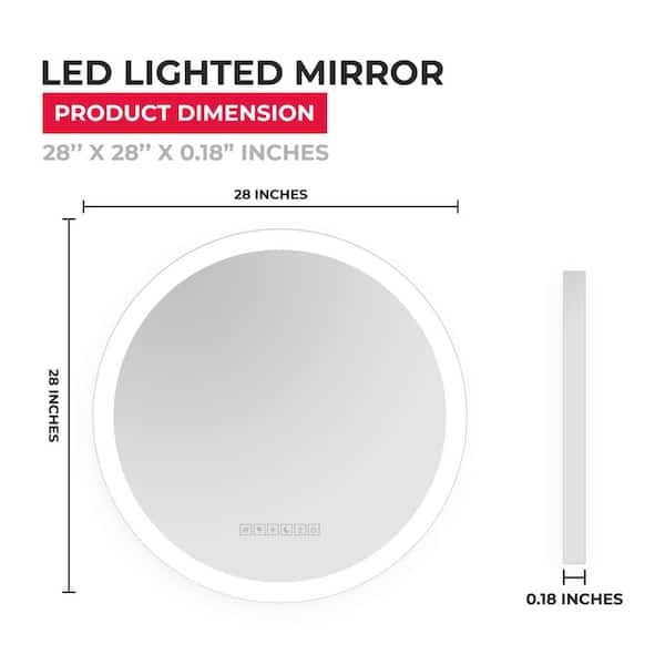 Fab Glass and Mirror LED Lighted Frameless Round Bathroom Wall Mounted LED Mirror 28 in. W x 28 in. H Anti-Fog and Dimmer Touch Sensor
