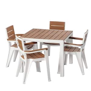 Madeira 5-Piece White and Teak Brown Indoor and Outdoor 4-Seat Square Table and 4 Arm Chair Set