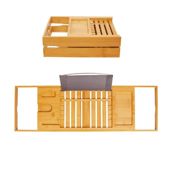 28.5 in. to 40.1 in. Expandable Bamboo Bathtub Caddy Tray, Foldable Bathroom Tray with Book and Wine Glass Holder