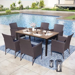 Black 7-Piece Metal Patio Outdoor Dining Set with Straight-Leg Rectangle Table and Rattan Chairs with Blue Cushion
