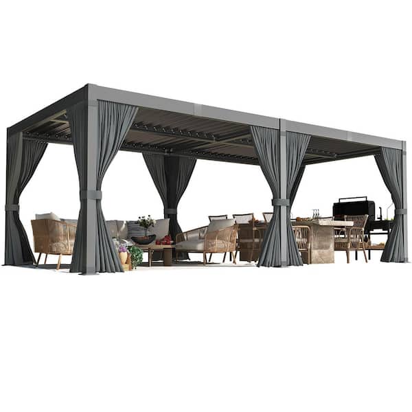 20 ft. W x 10 ft. D Aluminum Pergola with Adjustable Louvered Roof, Waterproof Curtains and Nets
