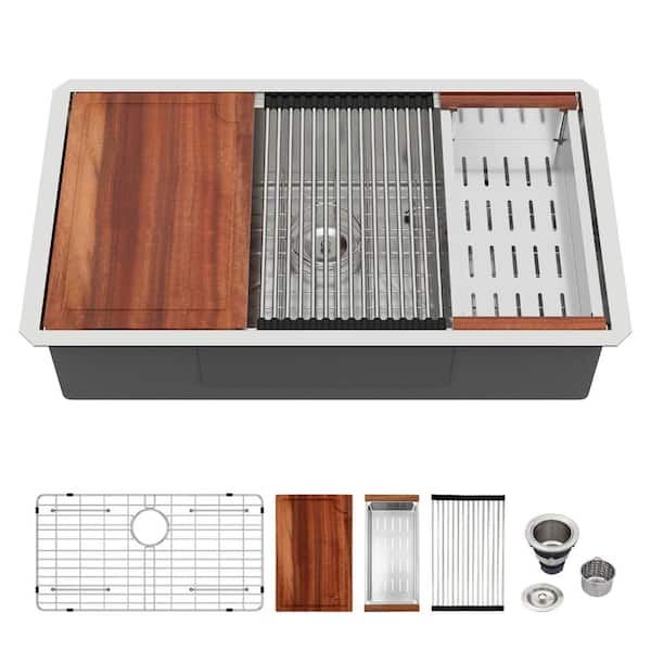 33 in. Undermount Workstation Single Bowl 16-Gauge T304 Stainless Steel Kitchen Sink with Accessory Set, 9 in. Deep