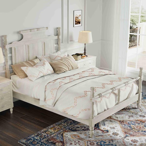 Retro White Wood Frame King Size Platform Bed with 56.9 in. High Crown-like Headboard