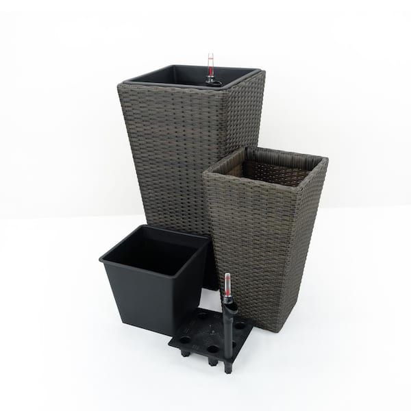Unbranded 13.8 in. L x 13.8 in. W x 27.6 in. H  Self Watering Planter Hand Woven Wicker Square Expresso Color Outdoor Pot (2-Pack)