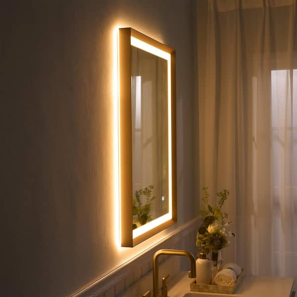 24 in. W x 32 in. H Rectangular Framed Dimmable Defogging Front Backlit LED Light Bathroom Vanity Mirror in Brushed Gold