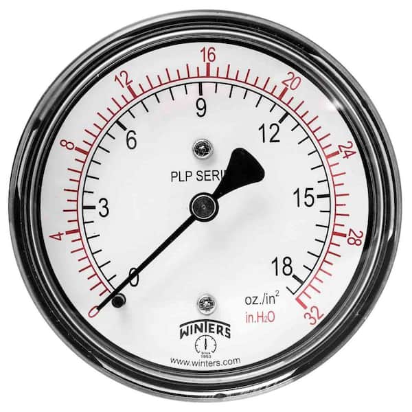 Winters Instruments PLP Series 2.5 in. Steel Case Pressure Gauge with Brass Internals and 1/4 in. NPT CBM with Range of 0-32 in. Water/oz.