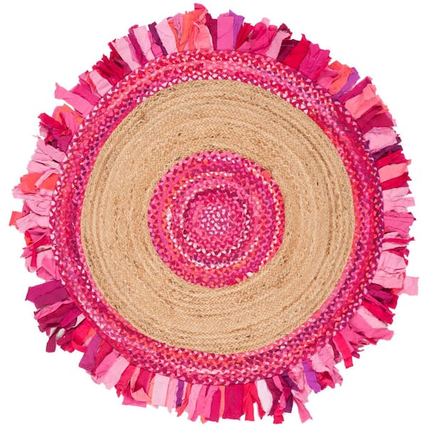 SAFAVIEH Cape Cod Pink/Natural 4 ft. x 4 ft. Round Striped Area Rug