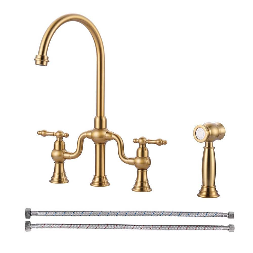 Double Handle High Arc Brass Bridge Kitchen Faucet with Side Sprayer in Brushed Gold