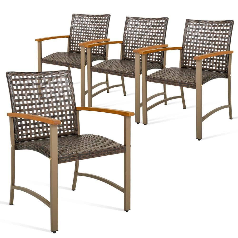 Costway Outdoor Patio Dining Chairs Wicker Armchairs with Acacia Wood