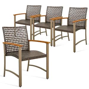 Outdoor Patio Dining Chairs Wicker Armchairs with Acacia Wood Armrests Mix Brown Set of 4