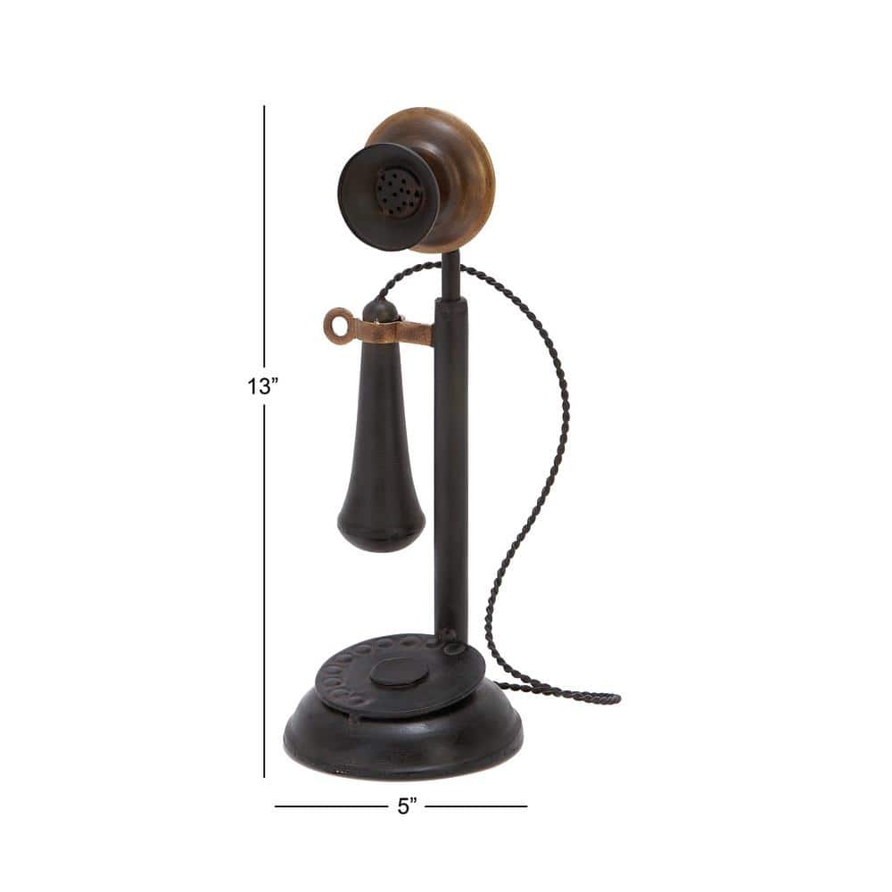 Vintage Black and Brass Metal Telephone Sculpture with Round Base