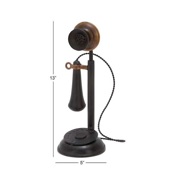 Black Metal Decorative Vintage Style Telephone Sculpture with Tiered Base and Coil Wire Detailing
