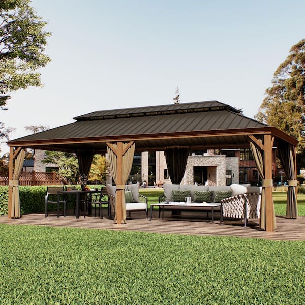 12 ft. x 24 ft. Double Iron Roof Hardtop Gazebo Aluminum Wood-Grain Frame Gazebo with Mesh and Curtains.