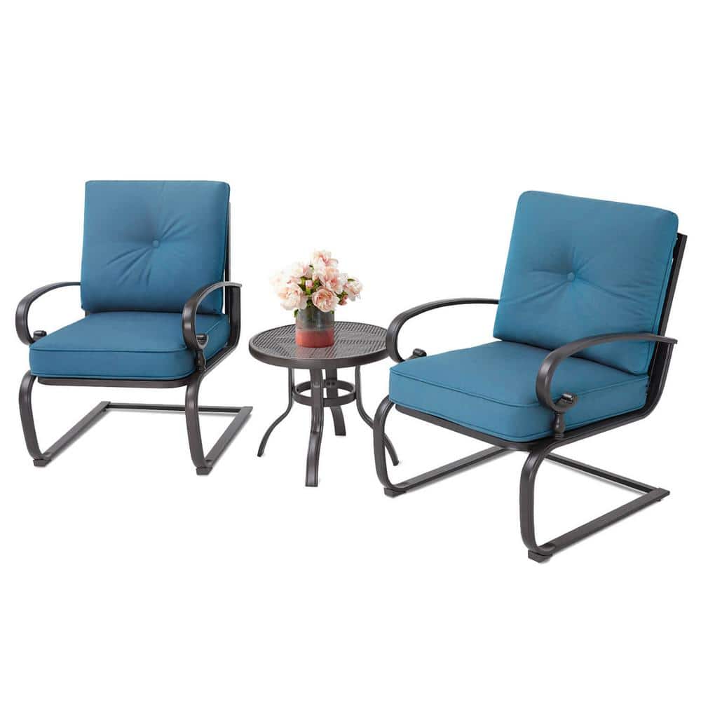 Modern Blue Cushioned Iron Armchair Bistro Set